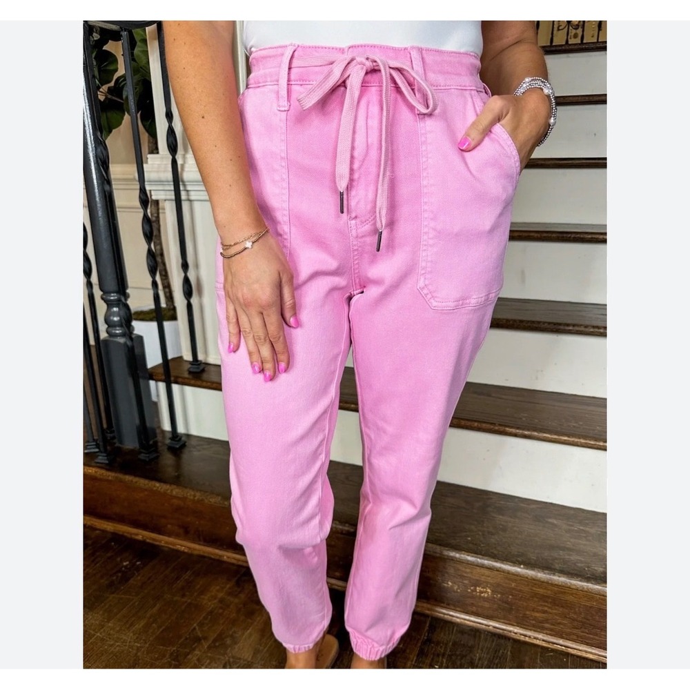 Judy Blue Pink Garment Dyed Jogger Jeans High Waist Drawstring Size 7/28
